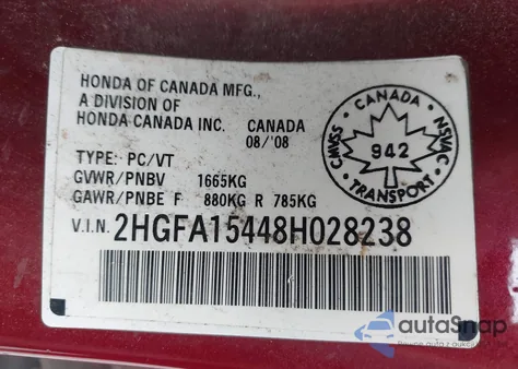 2008 Honda Civic Dx-G from USA, damaged, VIN 2HGFA15448H028238